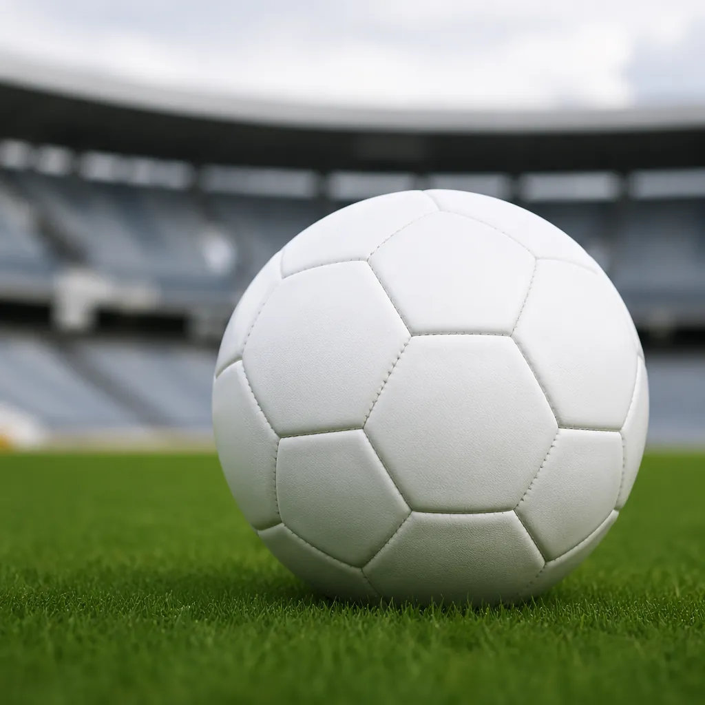 A close up shot of a standard white football on green grass pitch, blurred empty