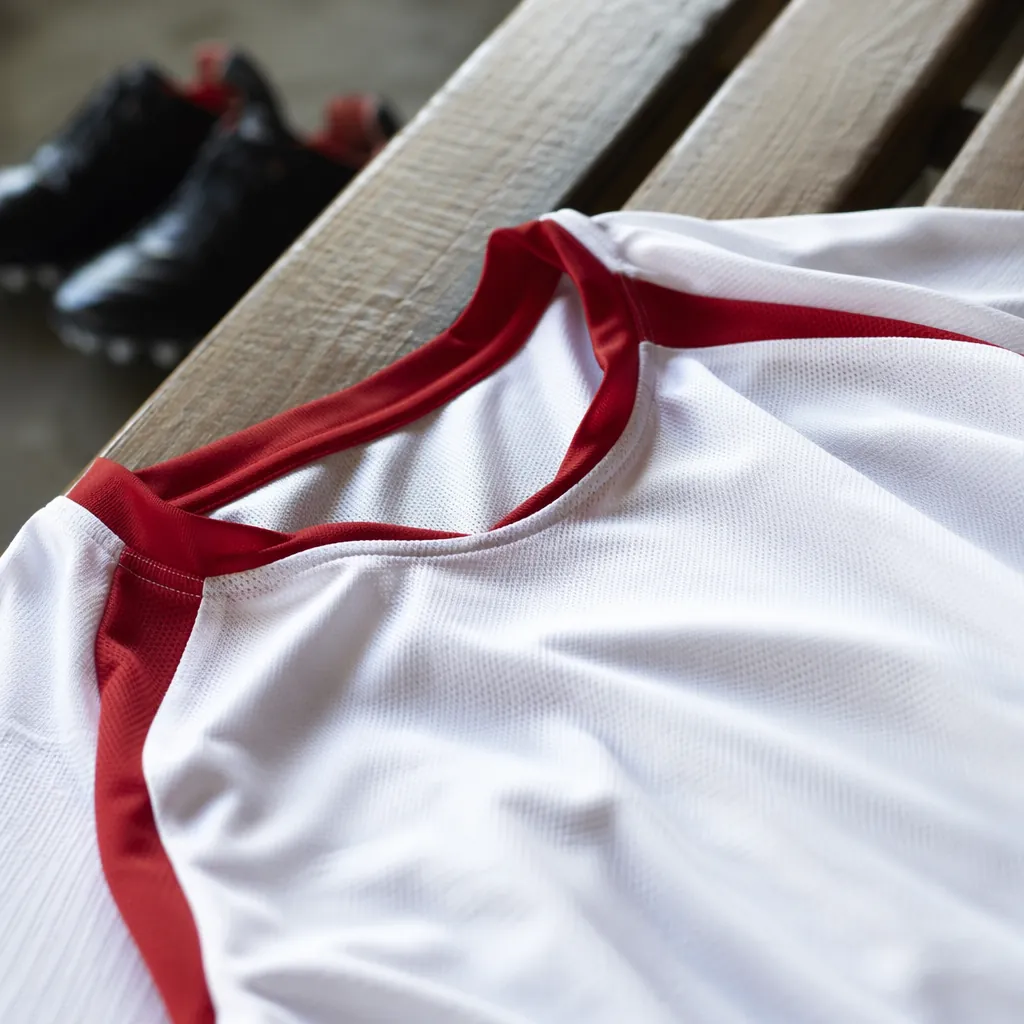 Close up shot of a plain white and red football jersey laid on a wooden bench, s