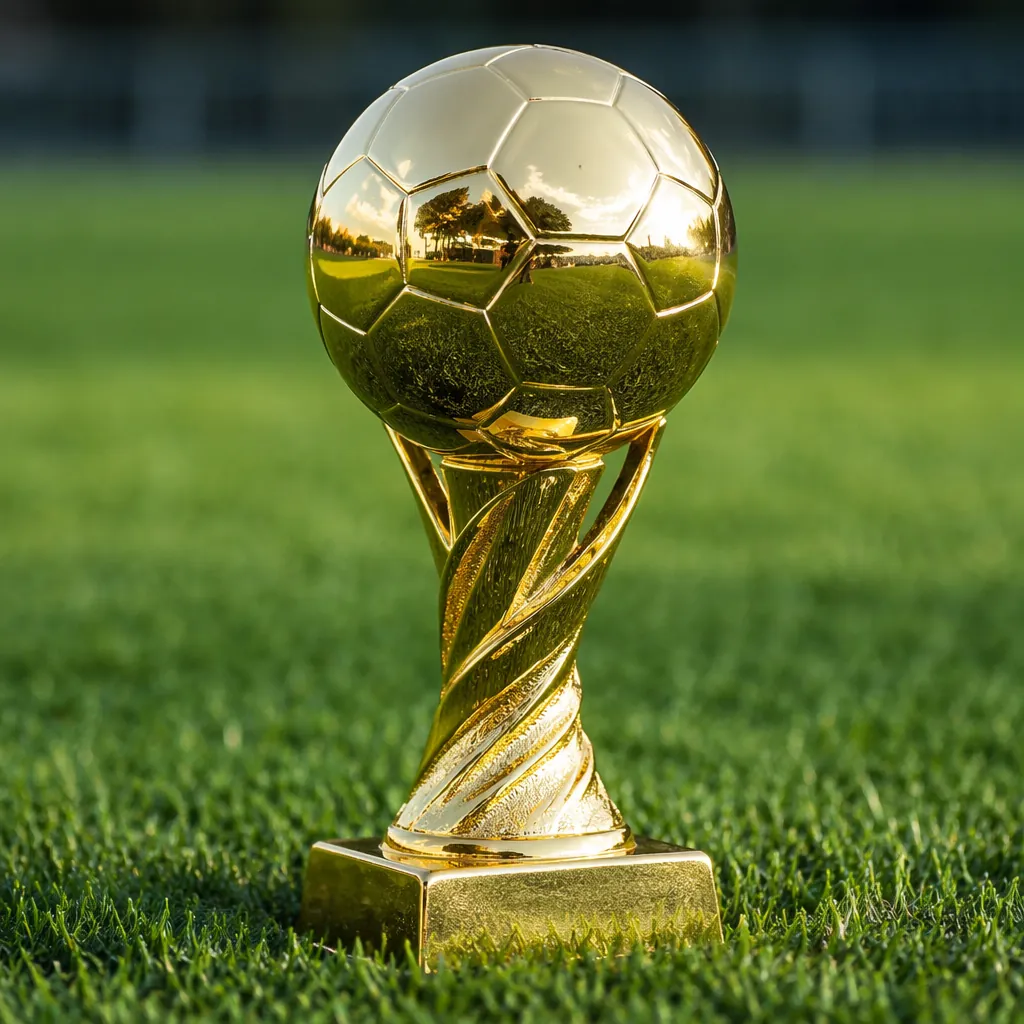 Close up of a generic gold football trophy placed on green grass field, soft nat