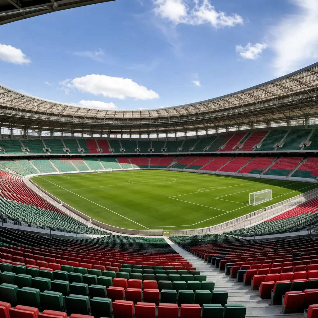 Wide shot of an empty modern football stadium with red and green colored seats, 
