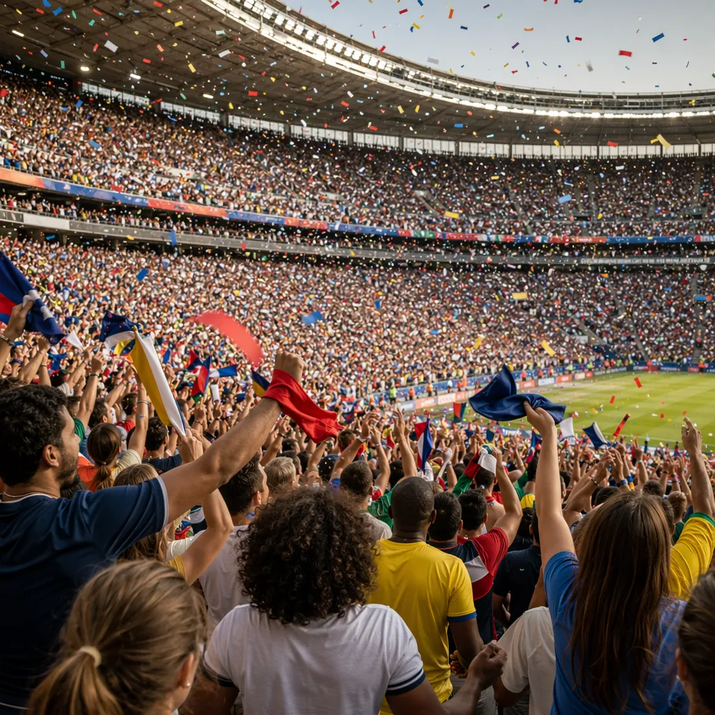 Wide shot of a World Cup stadium stands filled with cheering fans, neutral color
