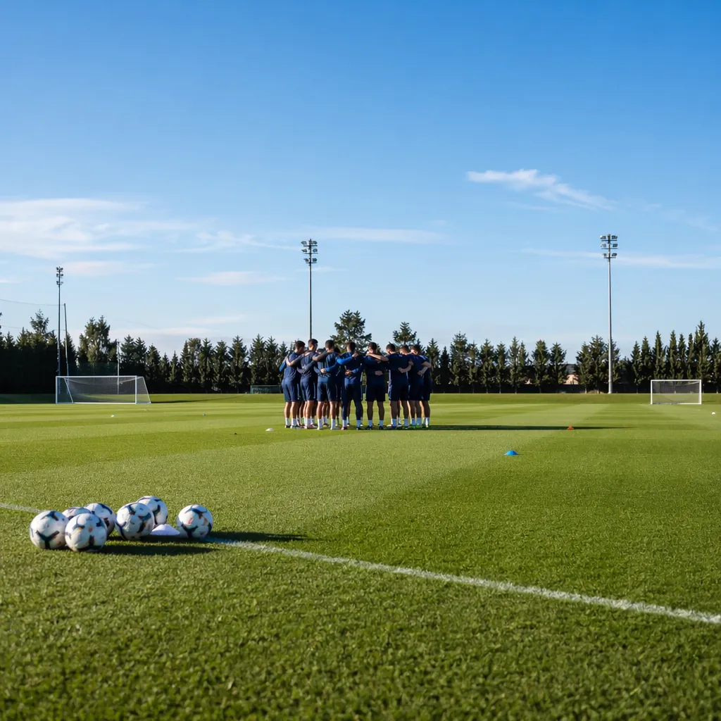Wide shot of football training ground with team huddling together, green grass, 