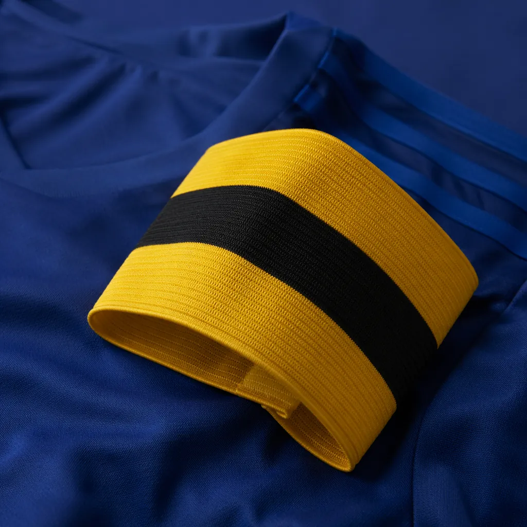 Close up of a football captain's armband resting on a team jersey, soft lighting