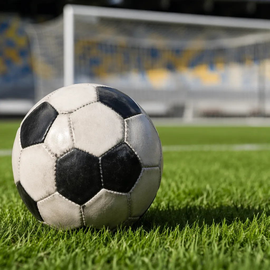 Close-up of a classic football resting on green pitch grass, blurred goalpost an