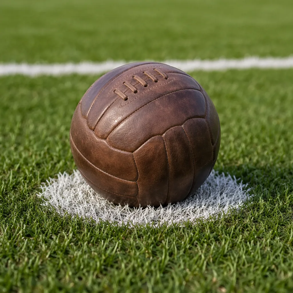 Close-up shot of a classic leather football resting on the white penalty mark of