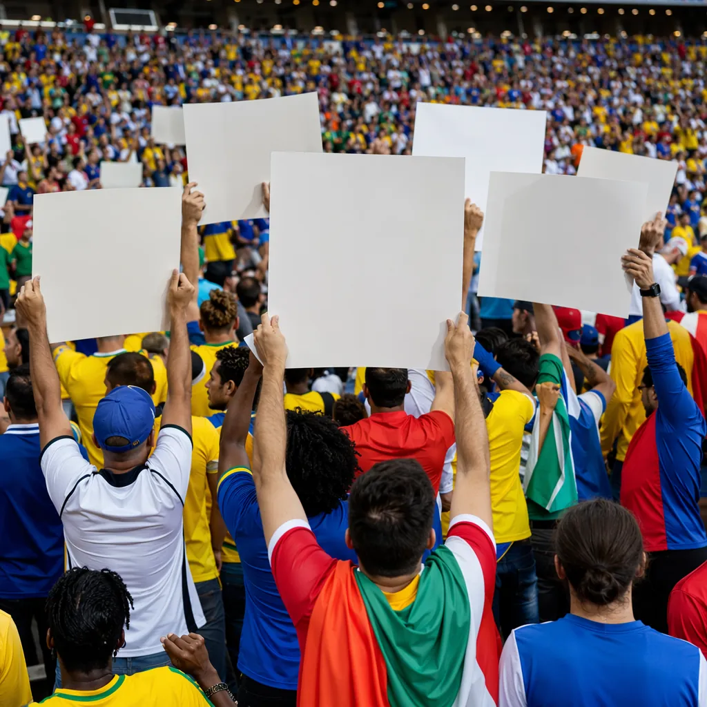 Crowd of football fans wearing generic national team jerseys holding blank prote