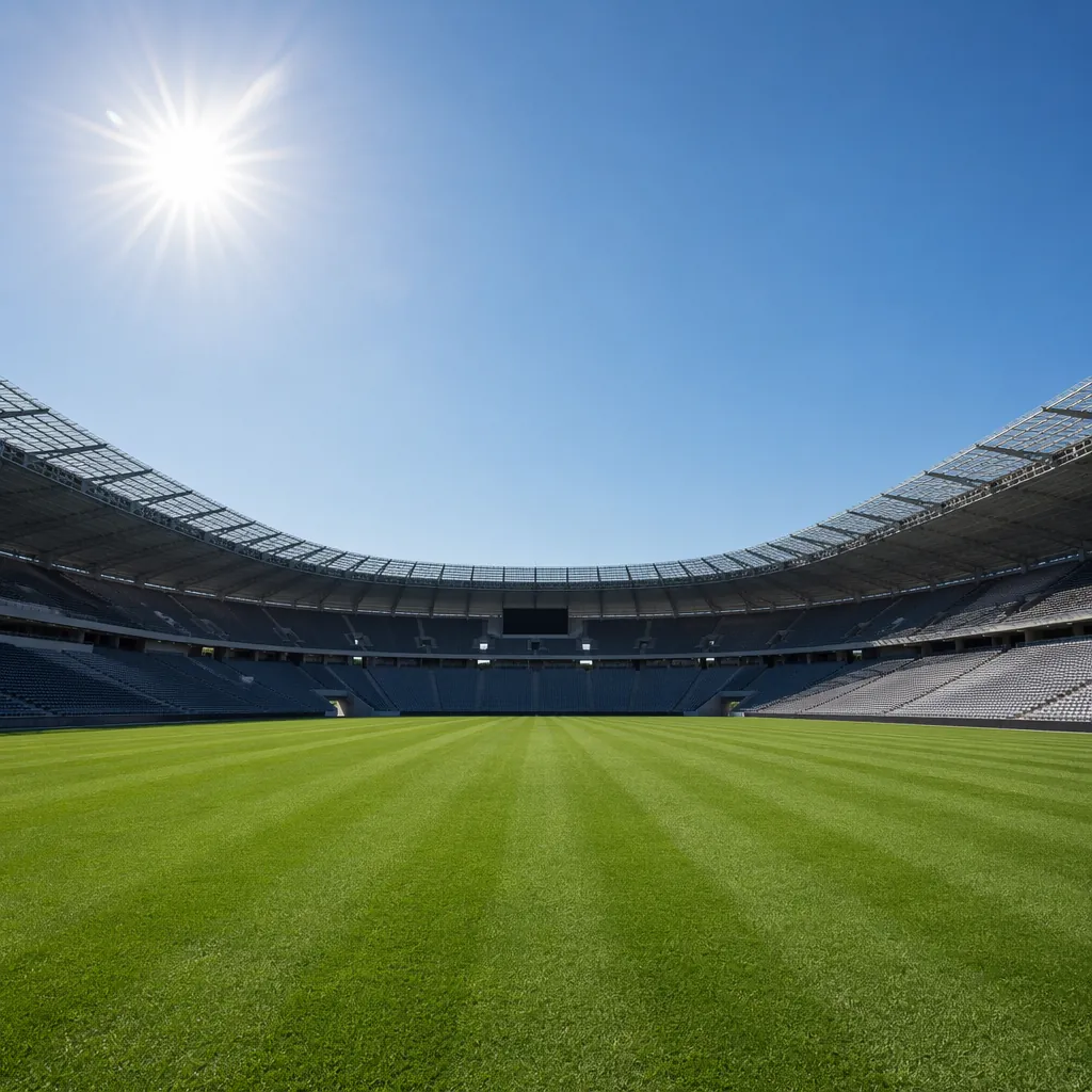 Empty professional football pitch under bright midday sun, clear blue sky, no pe