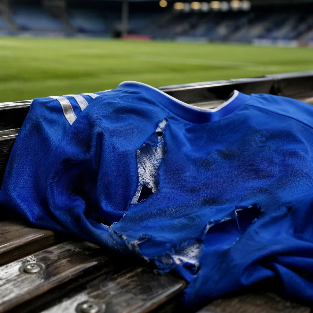 Close up of a generic unbranded ripped football jersey laid on a stadium bench, 
