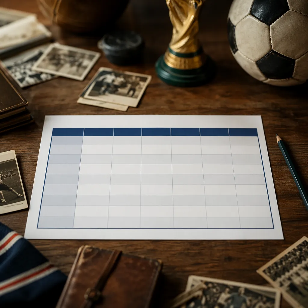 World Cup group stage table template on wooden desk, blurred vintage football me