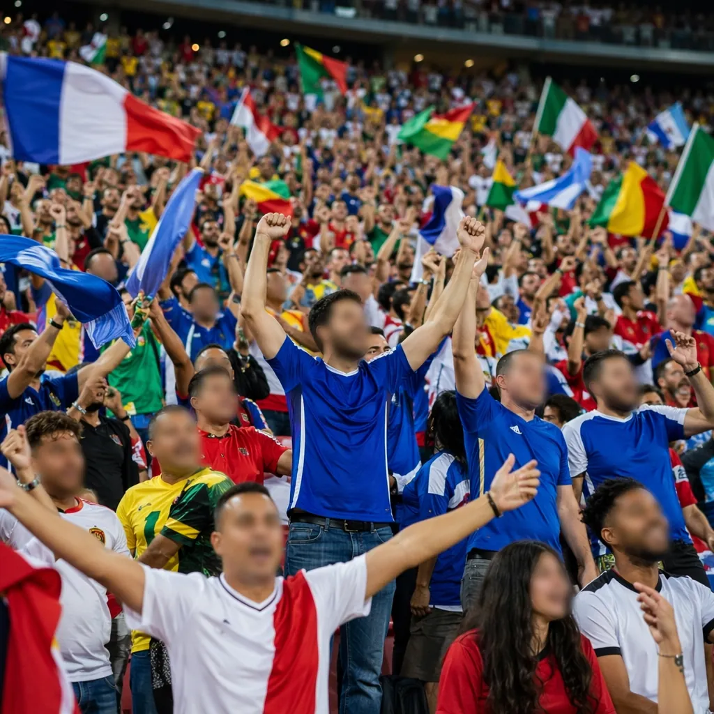 Wide shot of excited football fans wearing generic national team jerseys waving 
