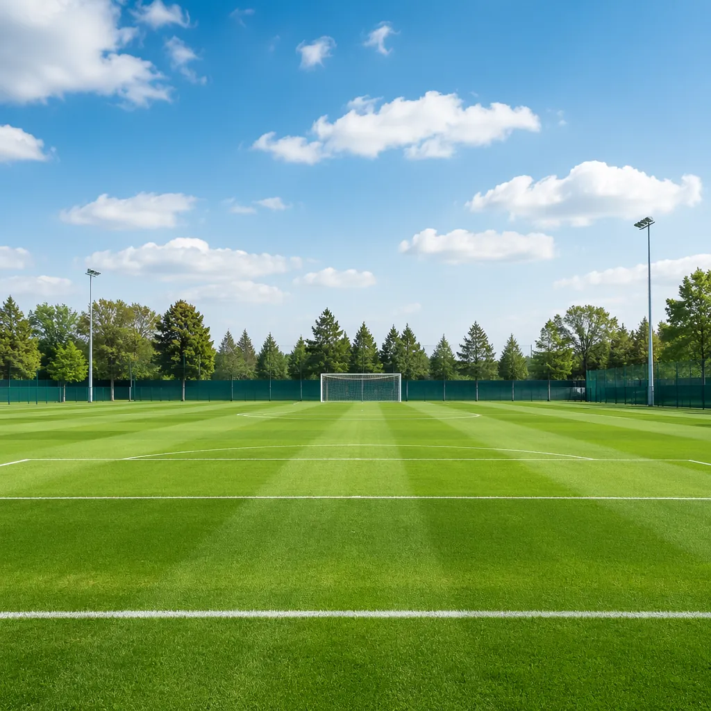 Wide shot of a well-maintained football training ground with lush green grass, e