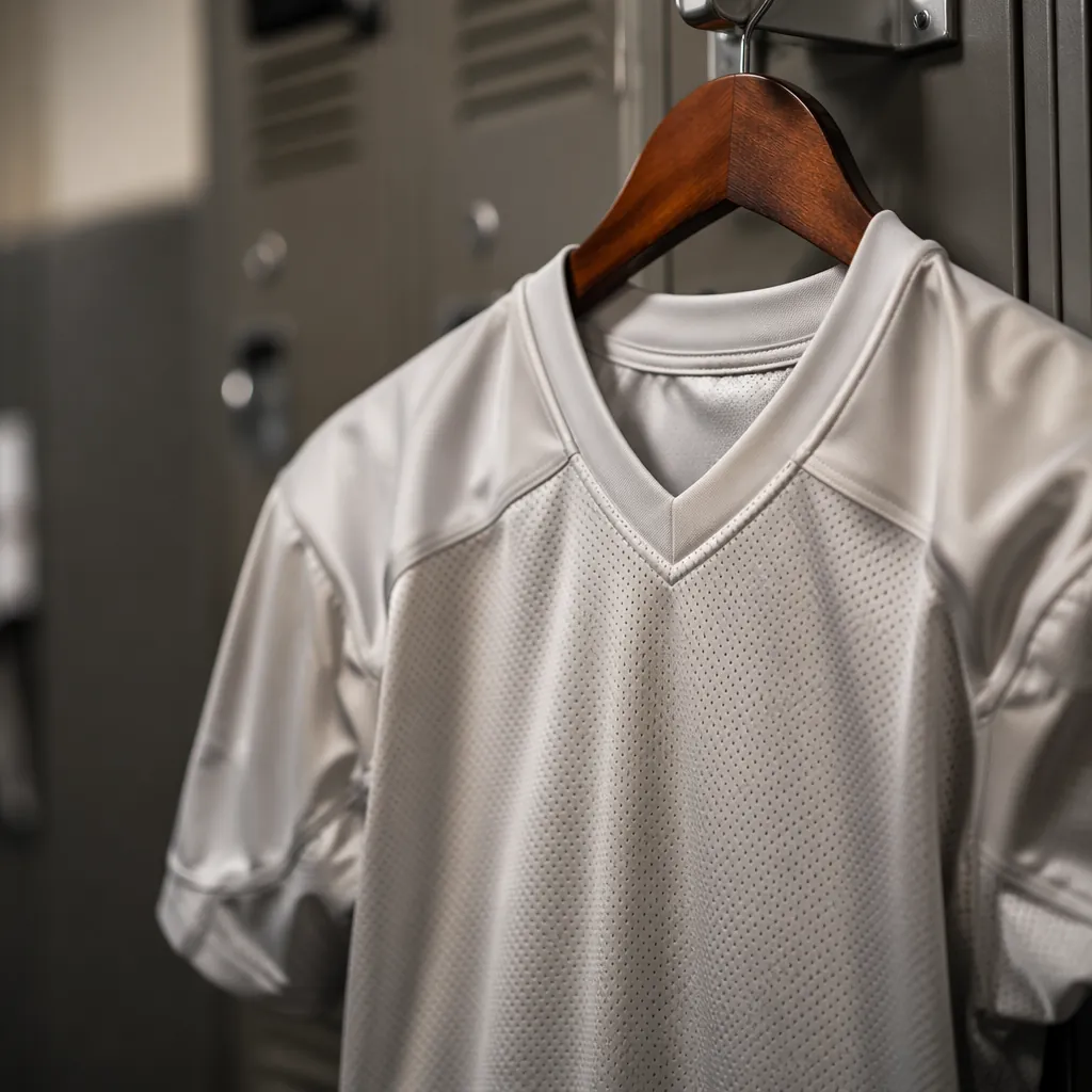 Close up of a generic plain football jersey hanging in a locker room, neutral co