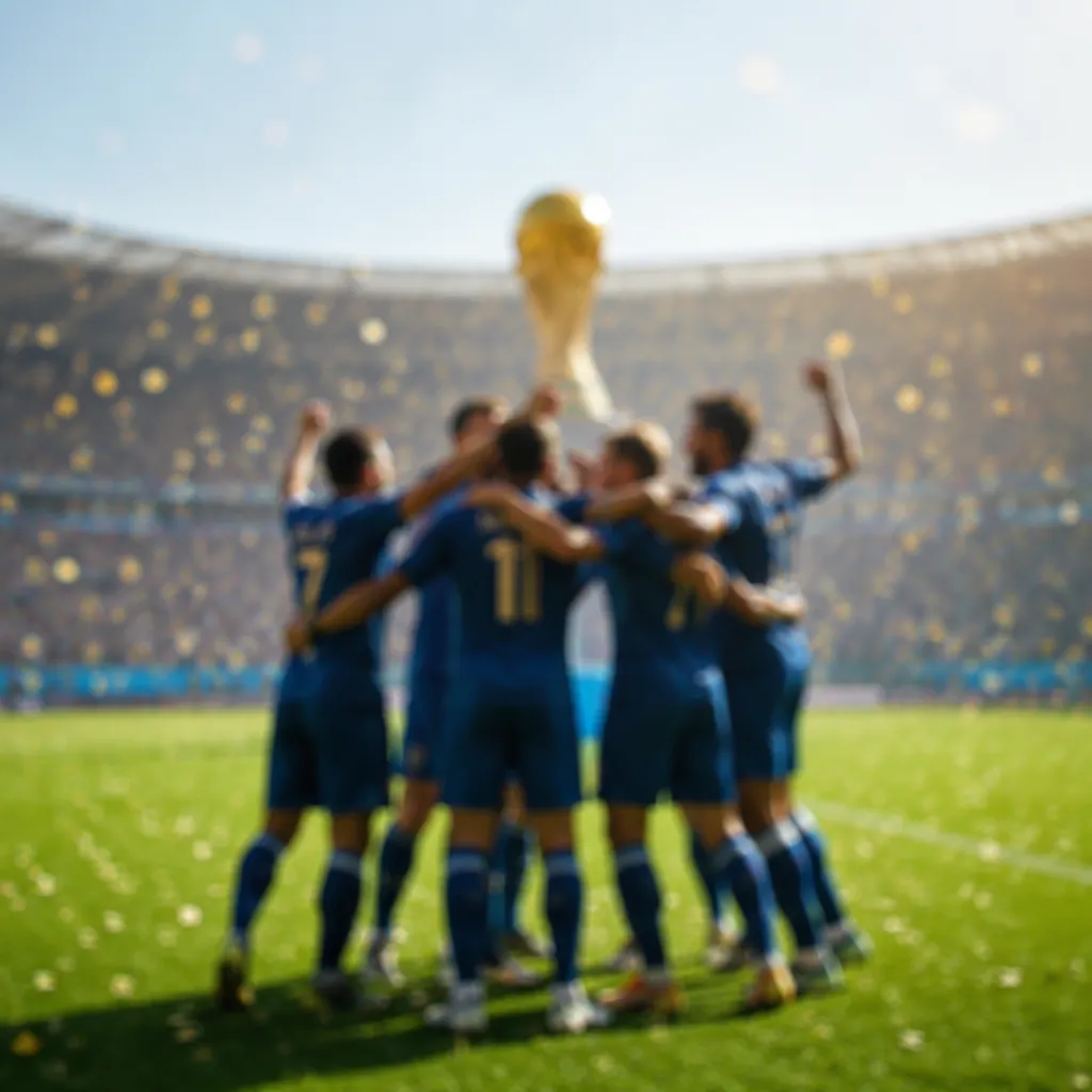 Blurred shot of soccer players celebrating on a green pitch, golden trophy silho