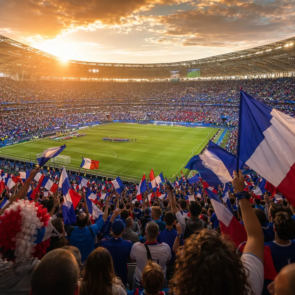 Wide shot of a packed World Cup stadium with fans waving blue, white and red fla
