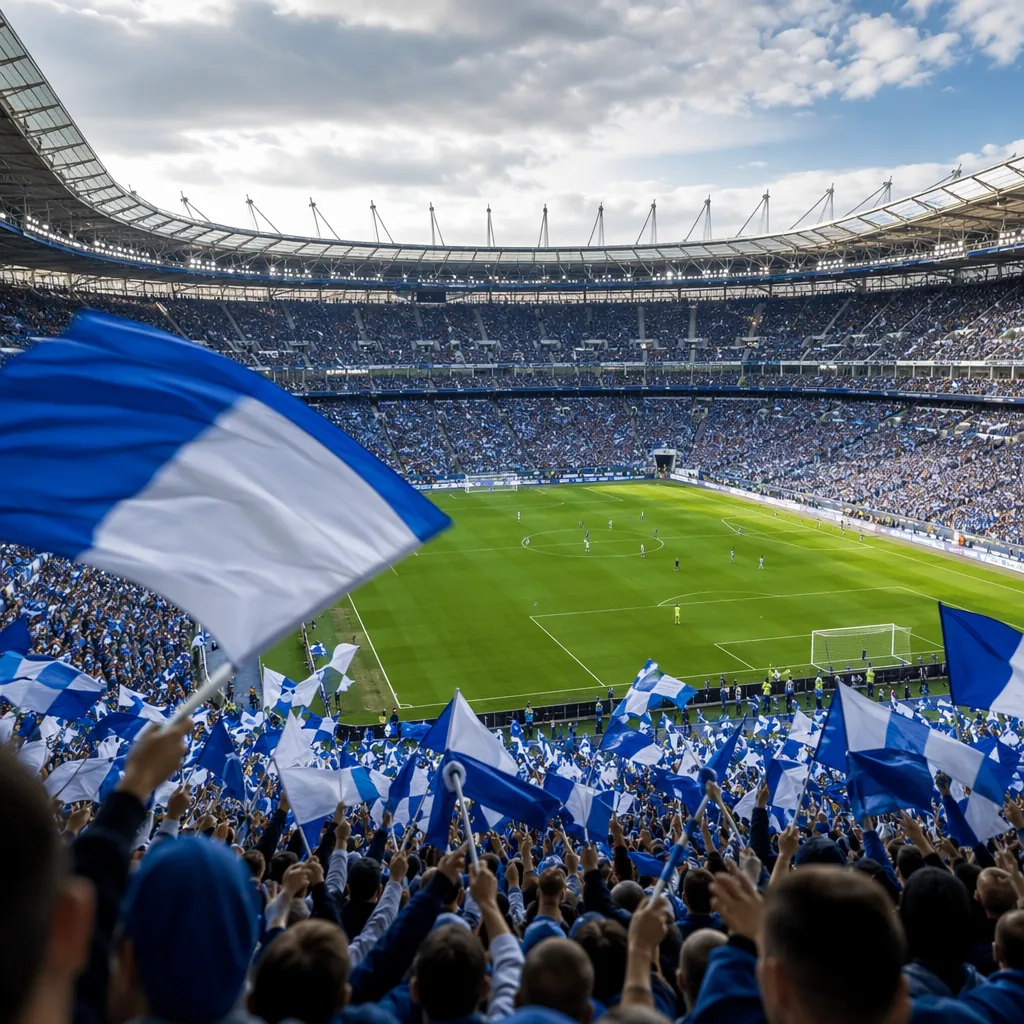 Wide shot of a packed international football stadium, fans waving blue and white