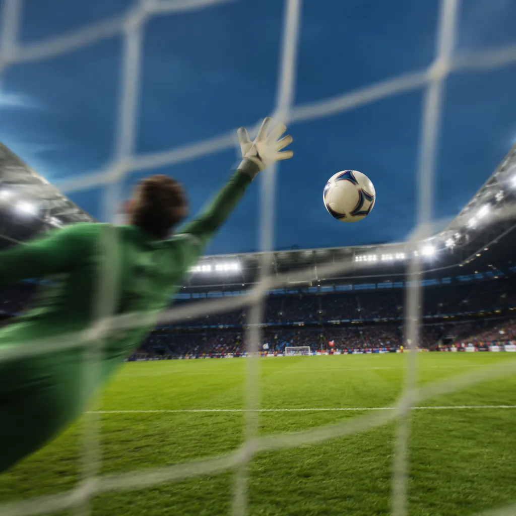 Dynamic action shot of a football flying towards the goal, blurred goalkeeper si