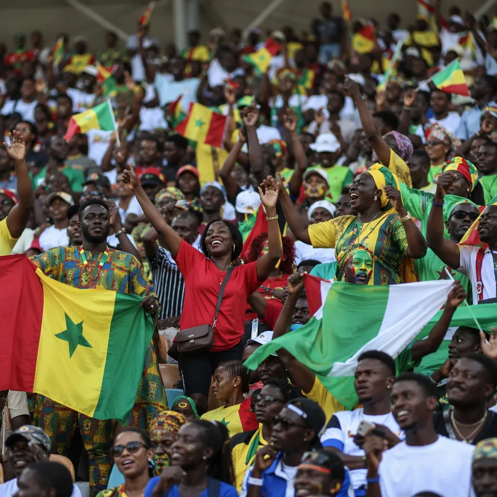 Wide shot of African football fans celebrating in the stands, waving national fl