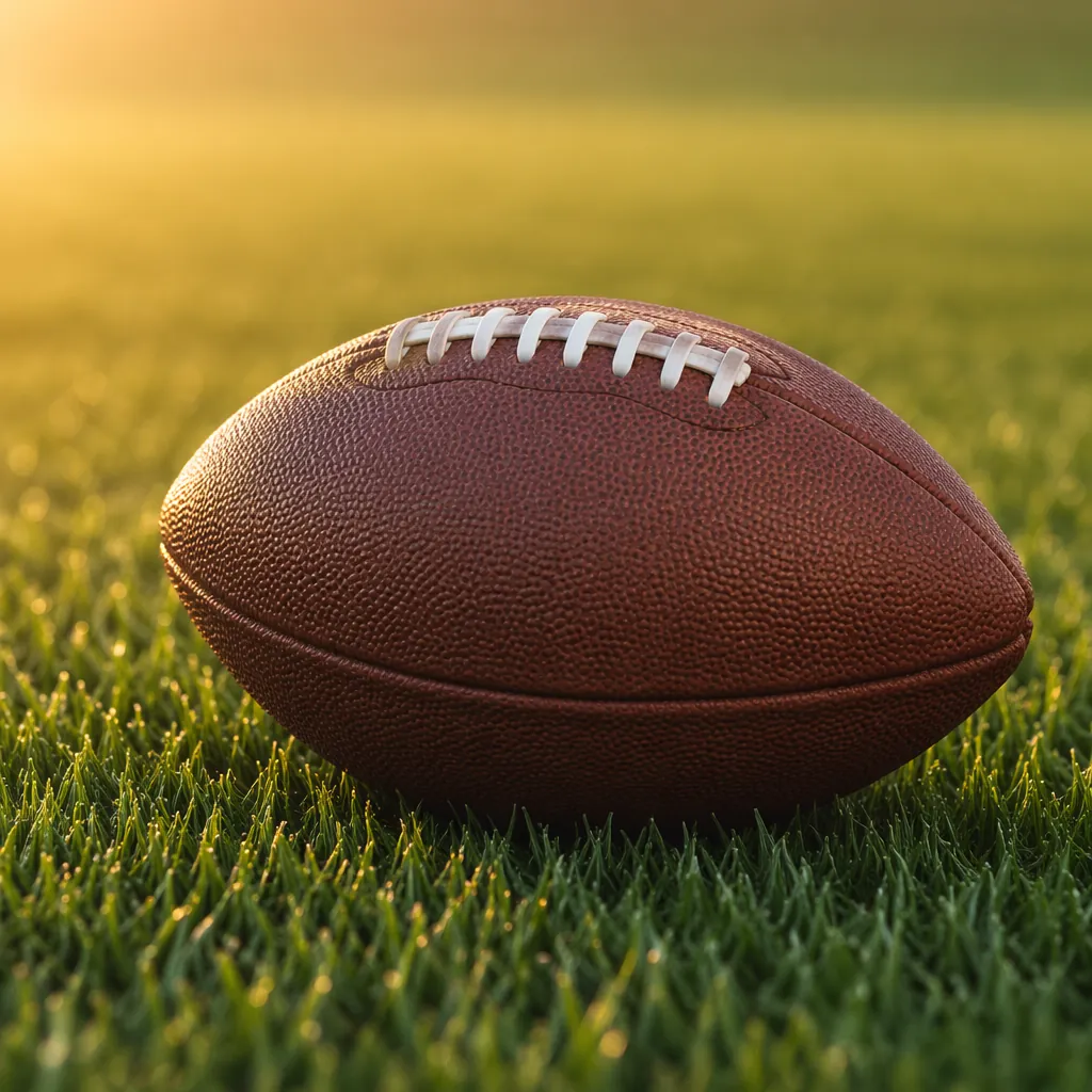 Close up of a standard leather football resting on neatly cut green grass of a p