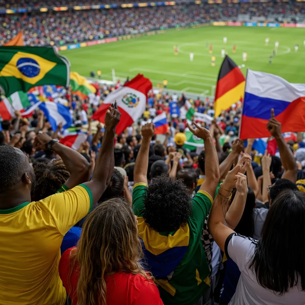 Wide shot of diverse football fans cheering in stadium stands, waving colorful n