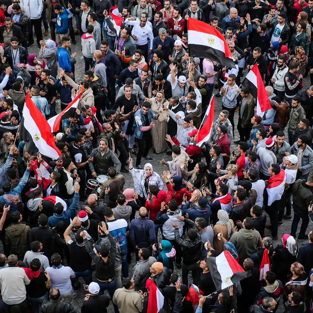 Overhead shot of a crowded city square in North Africa with fans holding red-whi