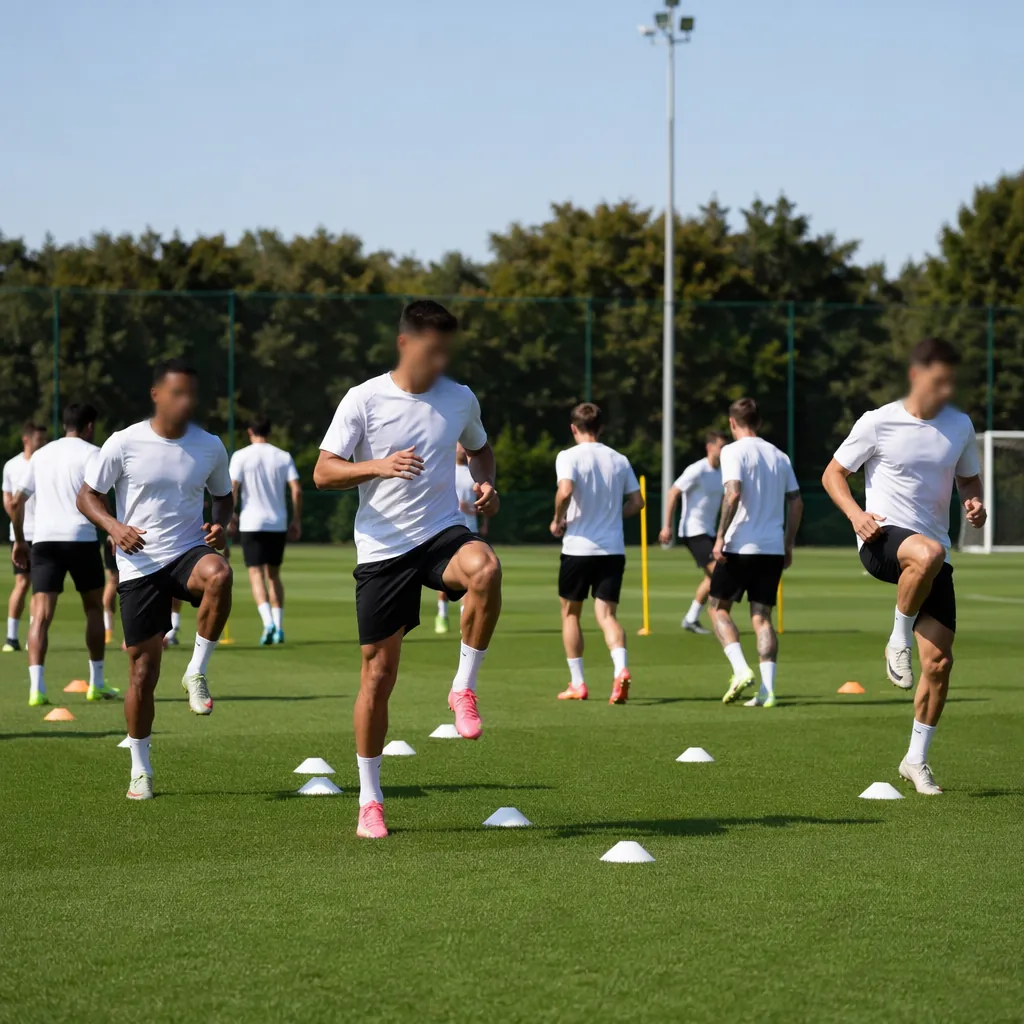 Wide shot of a professional football training pitch with a group of players wear