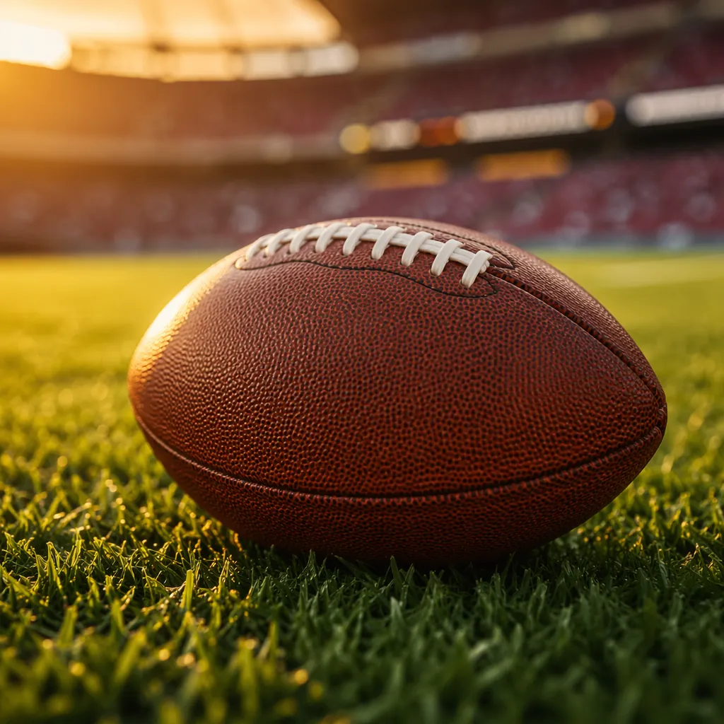 Close up shot of a traditional football resting on green grass, blurred stadium 