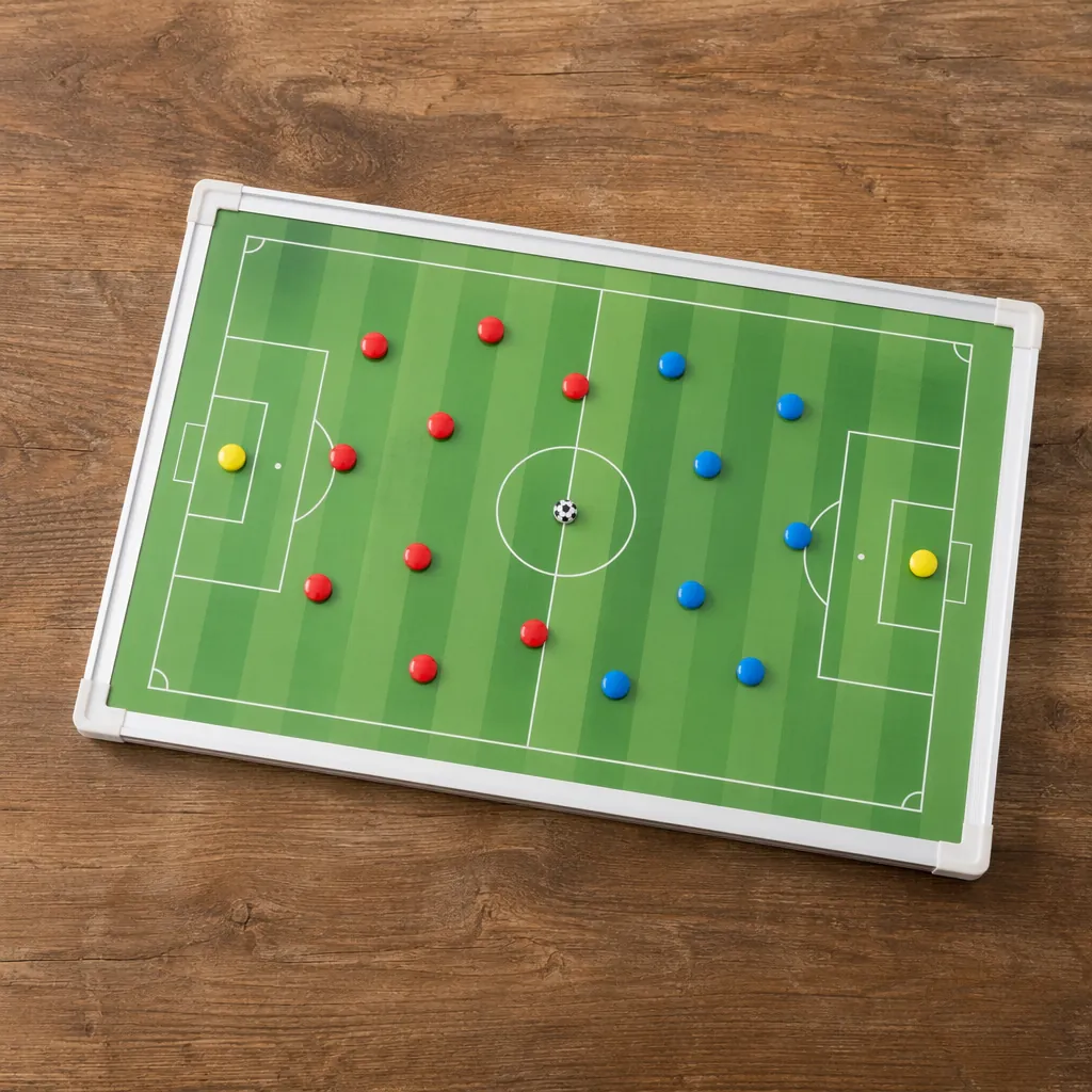High angle shot of a generic football tactics board with color-coded team marker