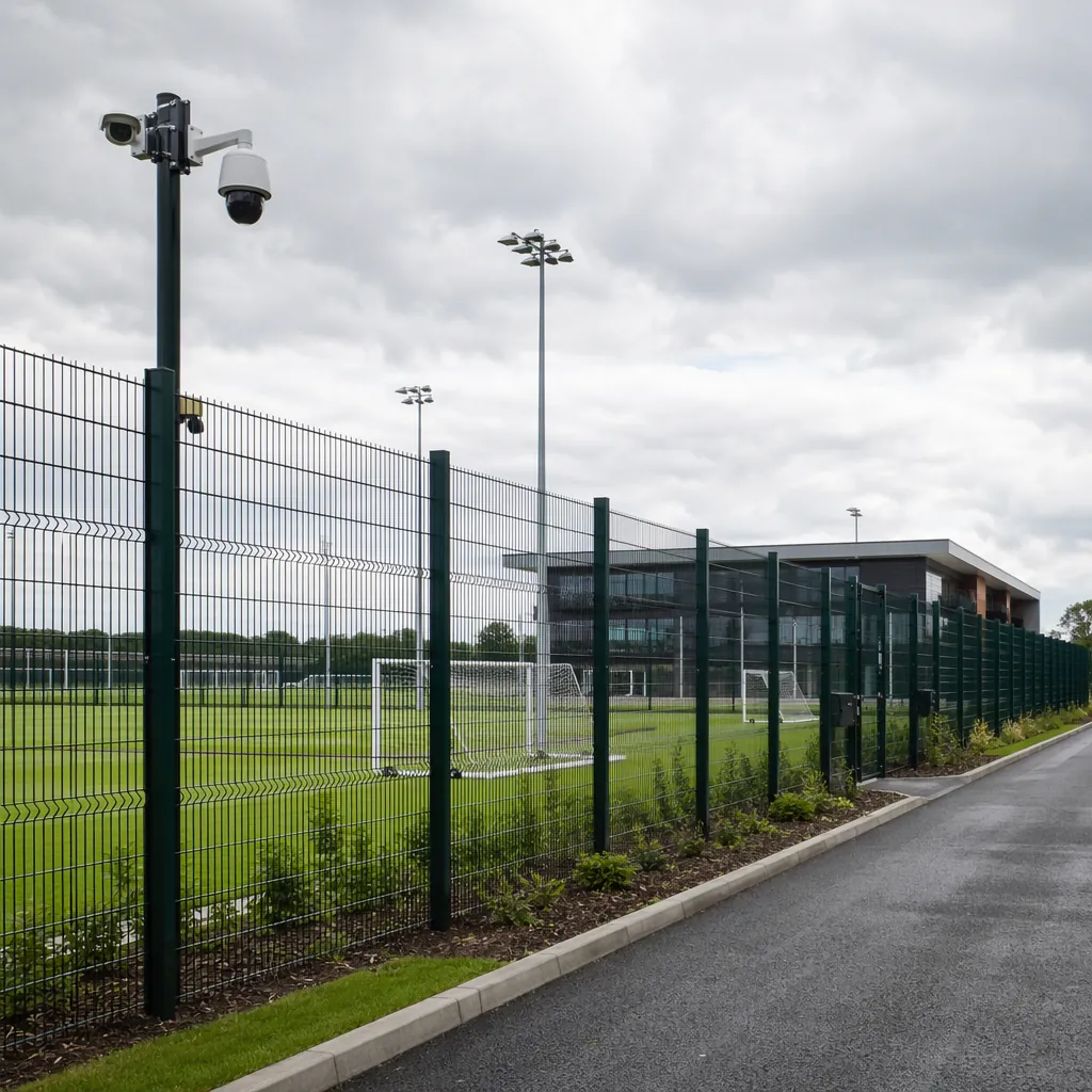 Wide shot of a modern football training facility perimeter with security fencing