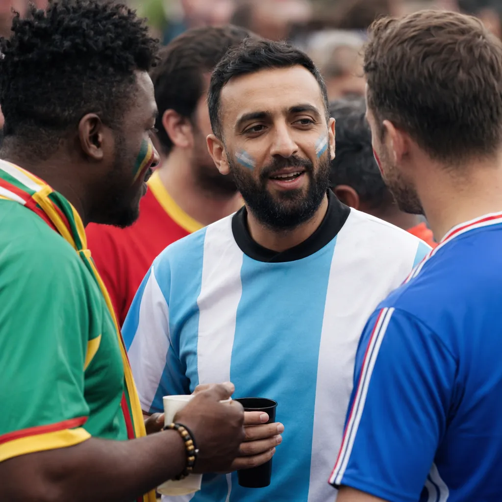 Close up of fans wearing different national team jerseys talking peacefully in a