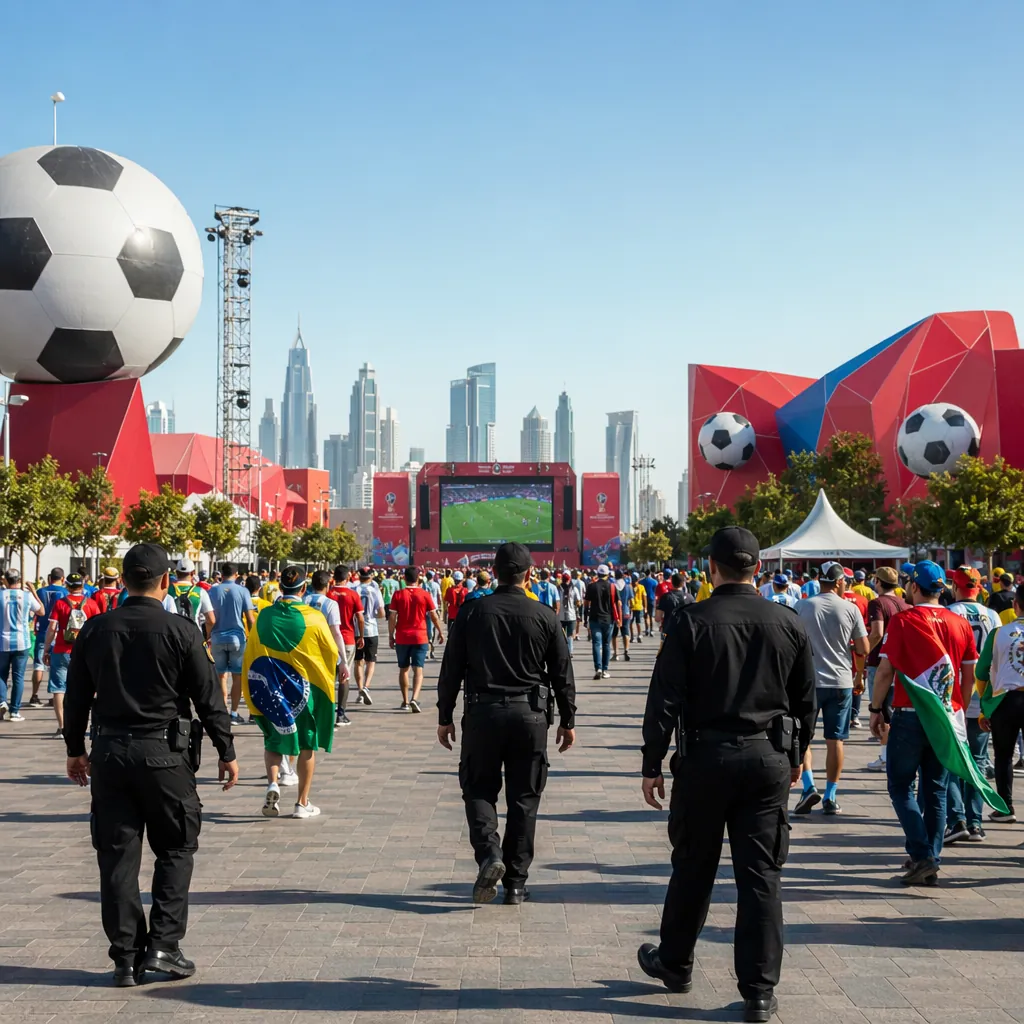 Wide shot of a well-organized World Cup fan plaza with security guards patrollin