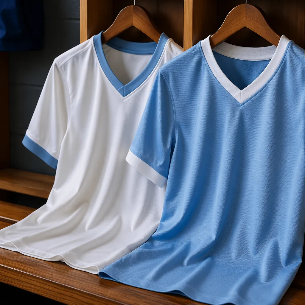 Close up of two generic football jerseys hanging side by side, one white with bl