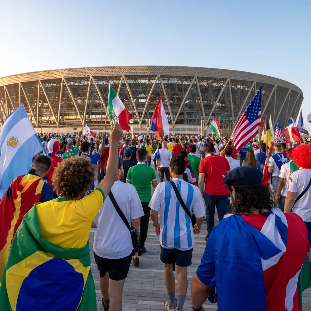 Wide shot of international football fans gathering outside a modern World Cup st