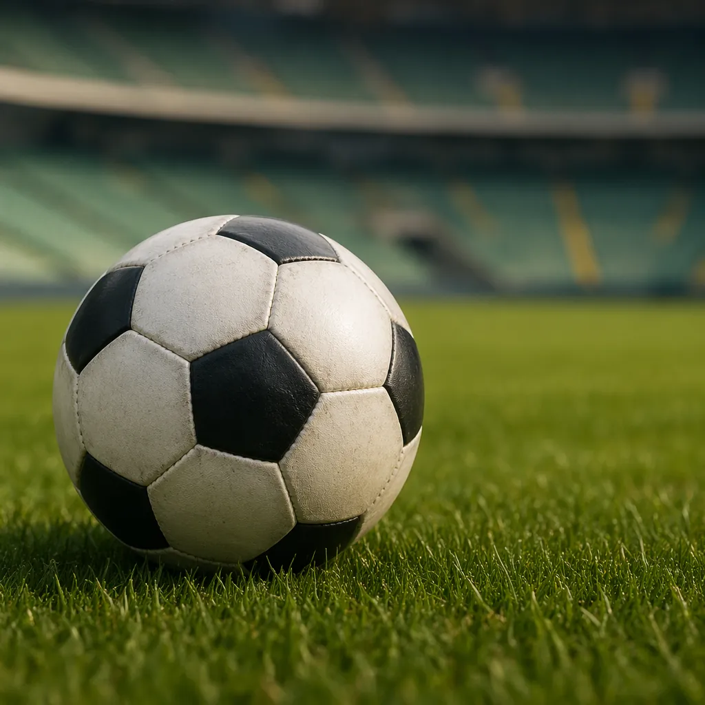 Close-up of a traditional football resting on well-maintained green stadium pitc