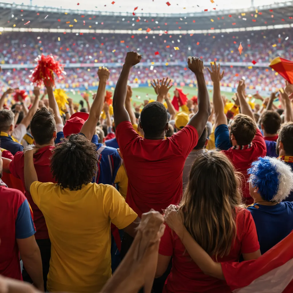 Wide shot of diverse football fans in generic team apparel celebrating in stadiu