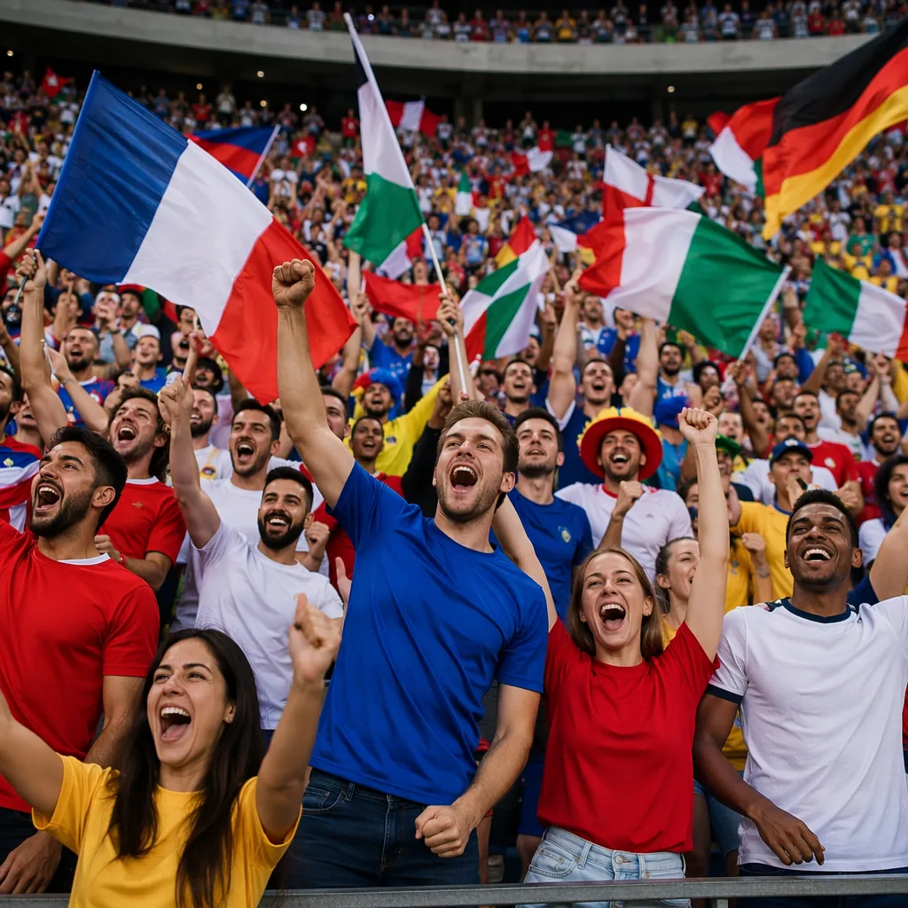 Wide shot of anonymous football fans celebrating in the stadium stands, waving g