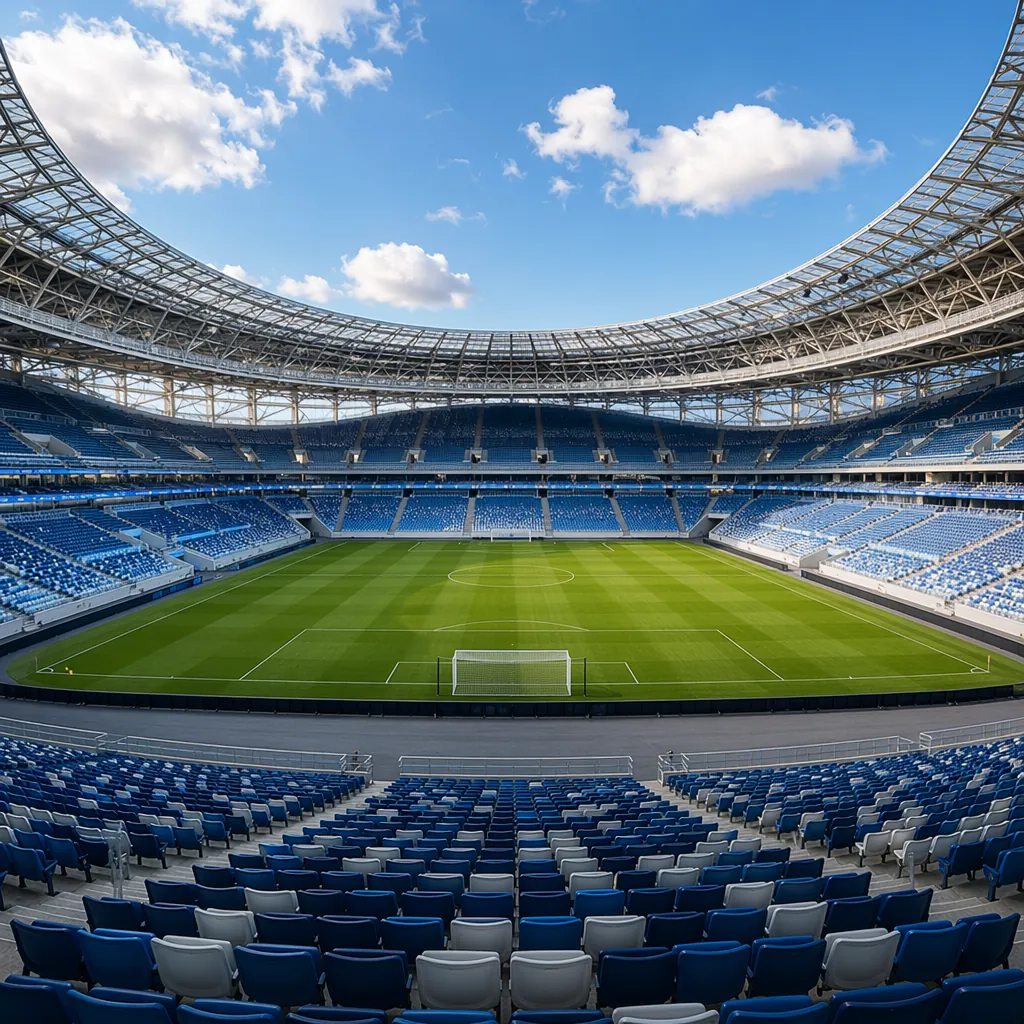 Wide shot of a modern World Cup football stadium with empty seats, green grass p