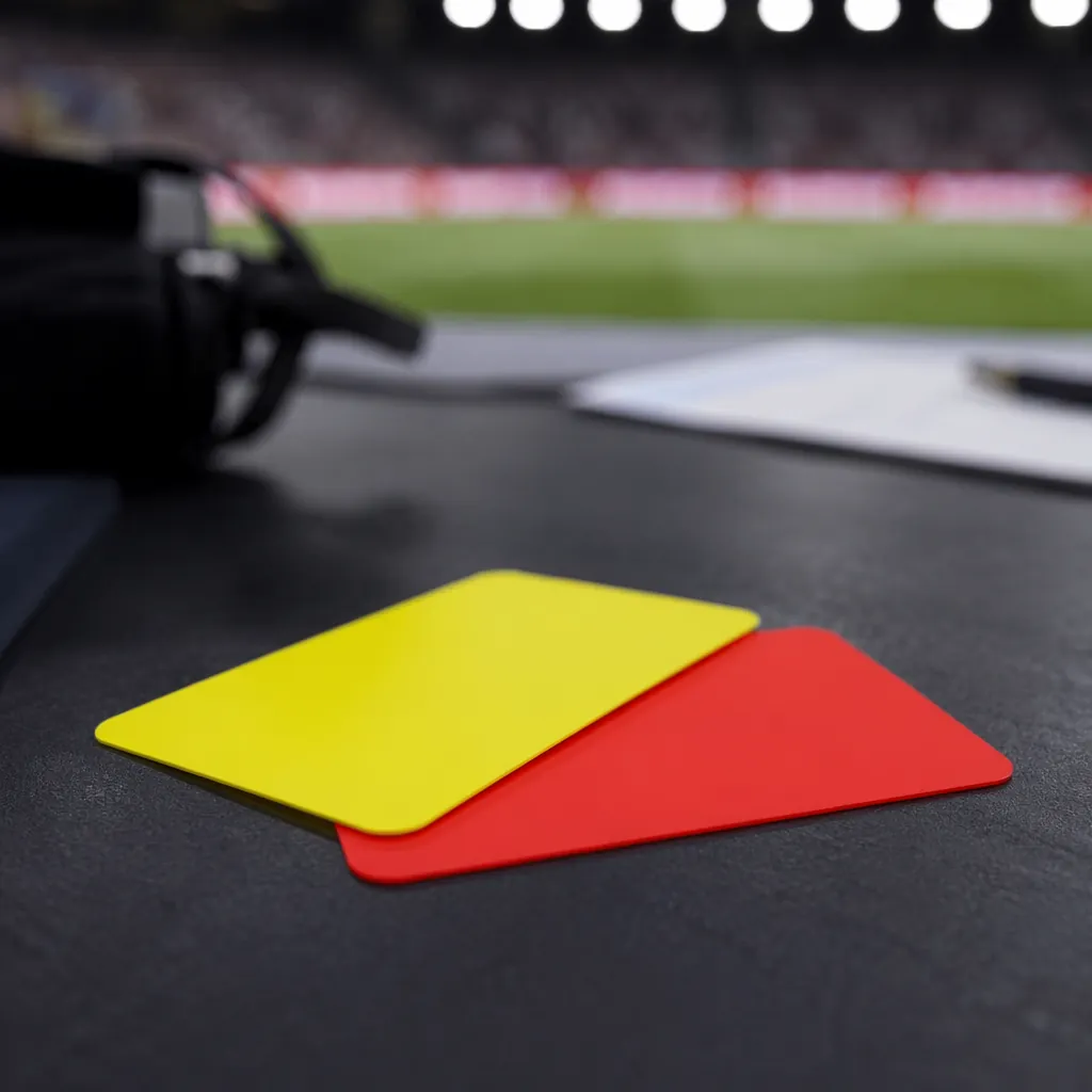 Close up of a yellow and red card placed on a referee's table, soft focus backgr