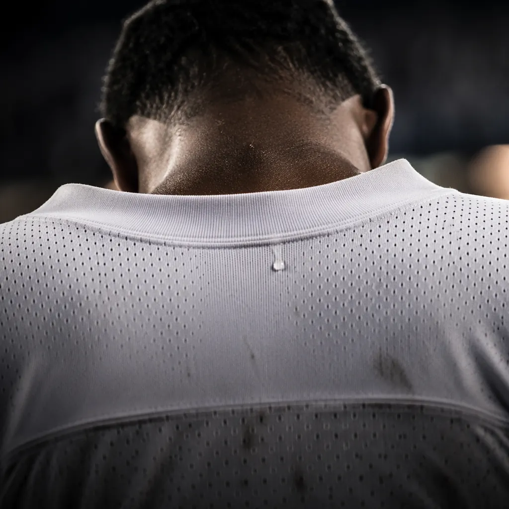 Close up shot of a football player's shoulders and jersey from behind, head slig