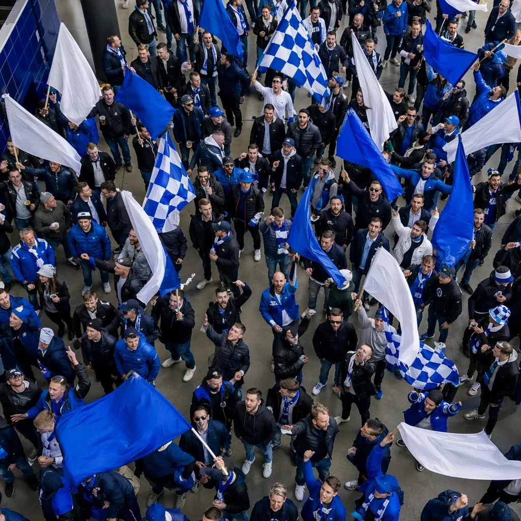 High angle shot of a large group of fans standing and singing in a stadium conco