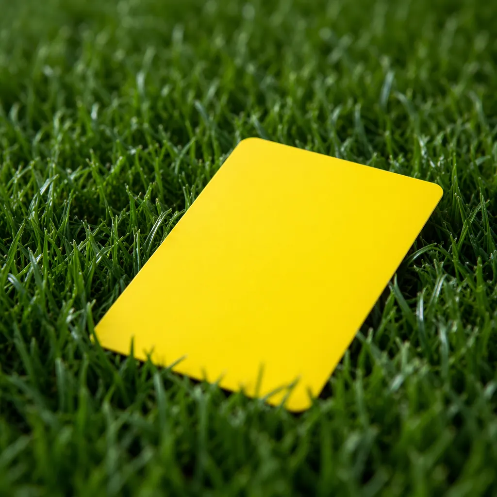 Close up shot of a yellow football referee card placed on green football pitch g