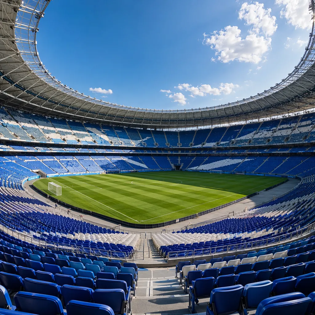 Wide shot of an empty modern world cup football stadium with blue and white seat