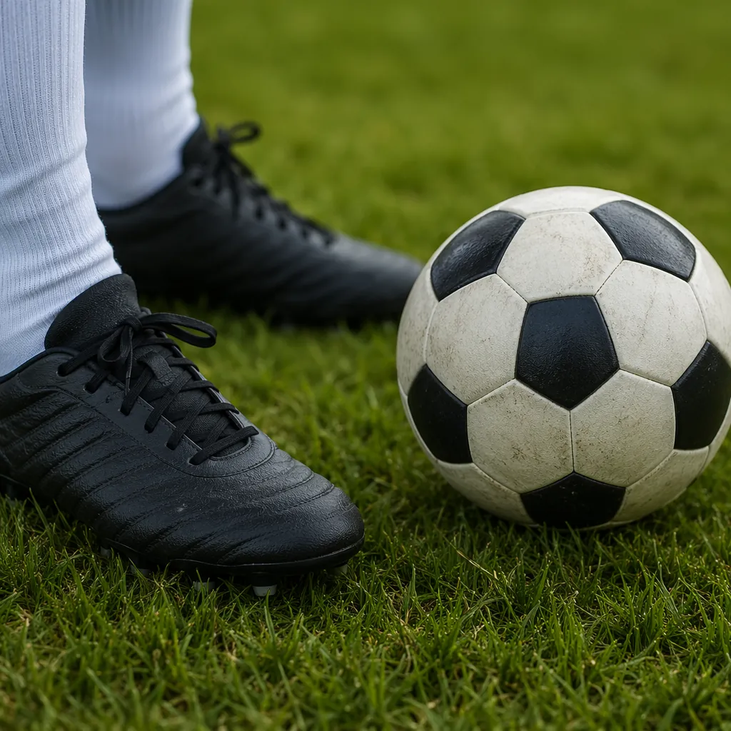 Close up of generic football boots and a match ball on green grass, soft natural