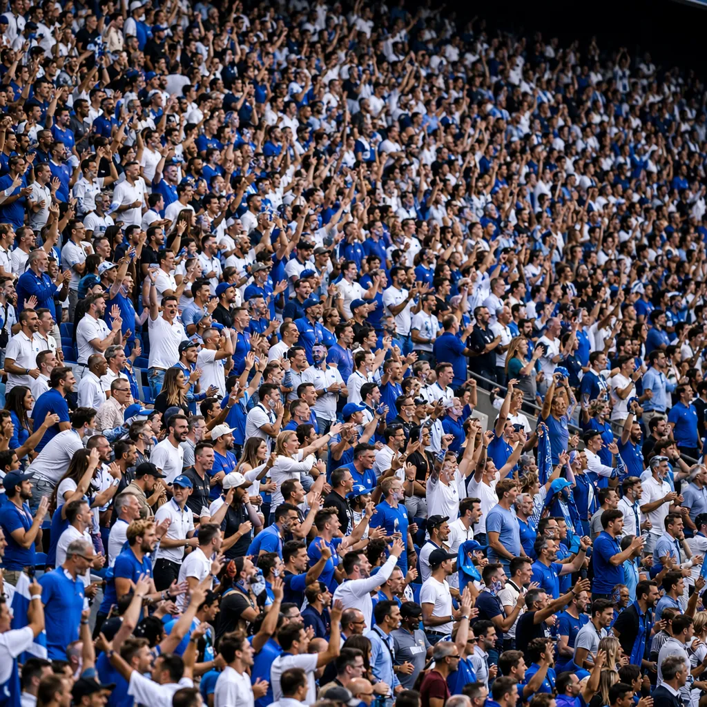 Wide shot of packed World Cup stadium stands with fans wearing mixed blue and wh