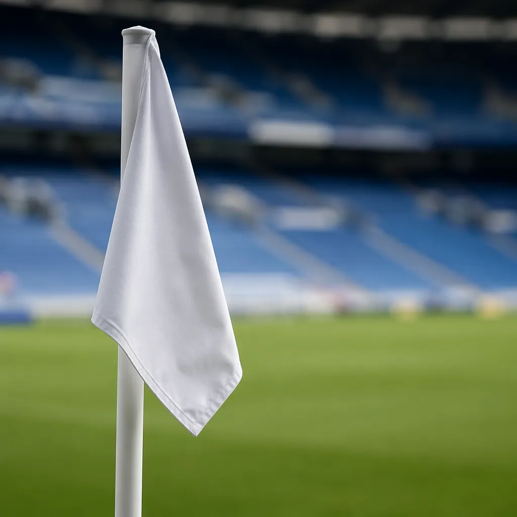 Close up shot of a plain football corner flag on a green pitch, blurred stadium 