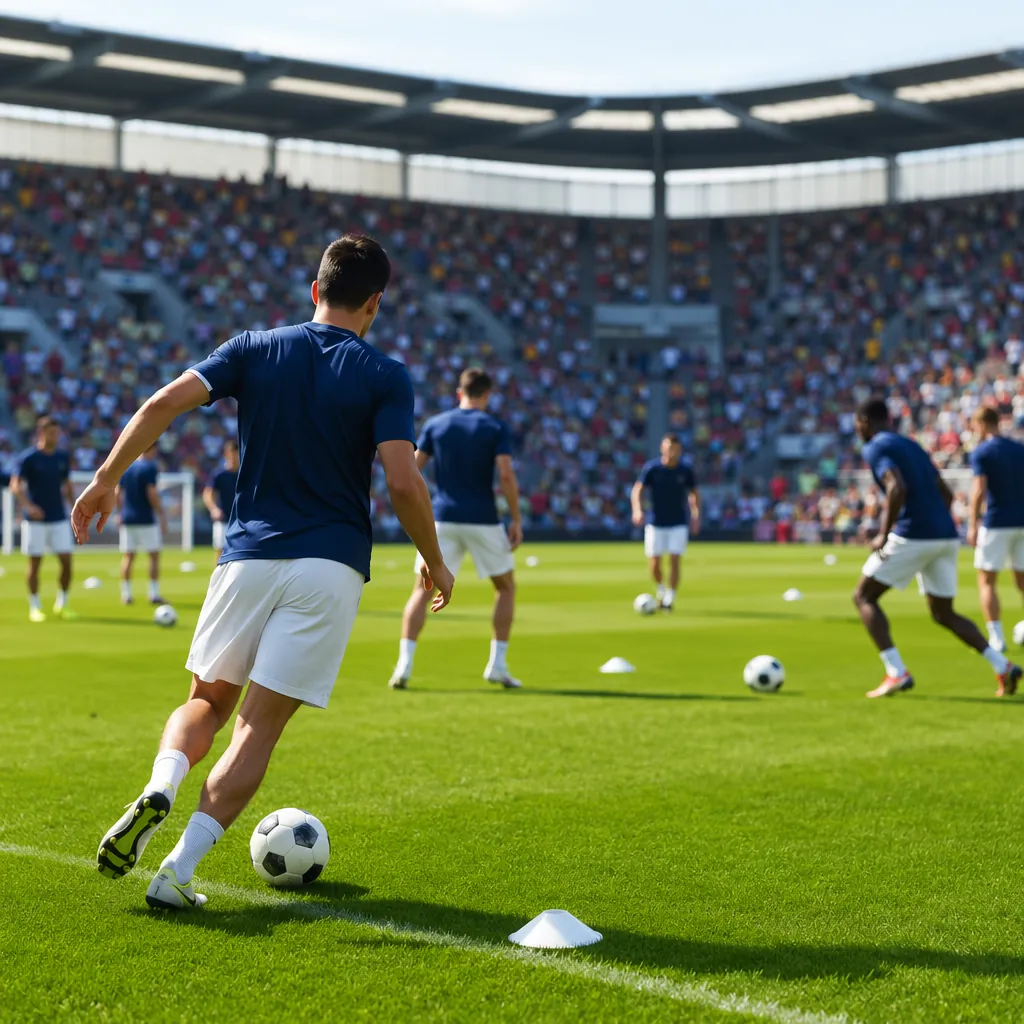 Wide shot of generic football training pitch with players in unbranded kits warm