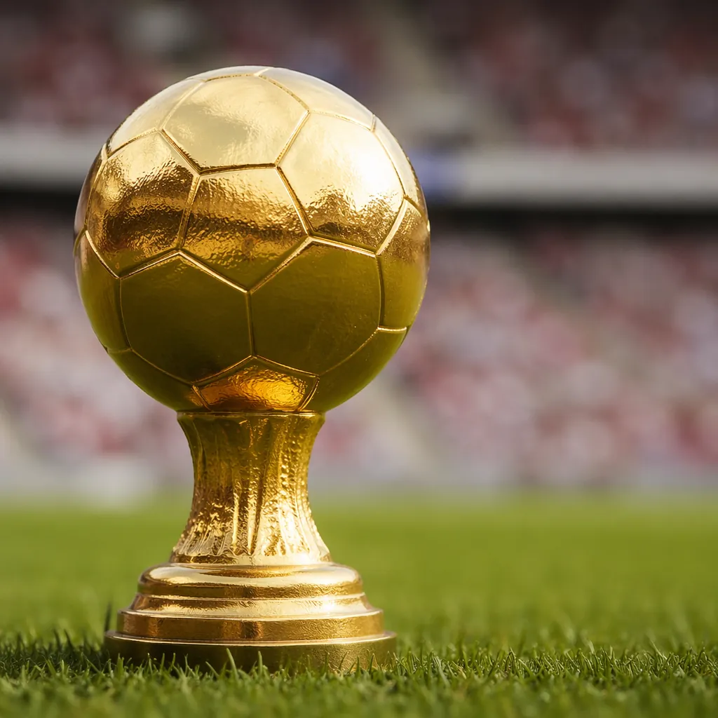 Close up shot of a generic golden football trophy placed on green grass, blurred
