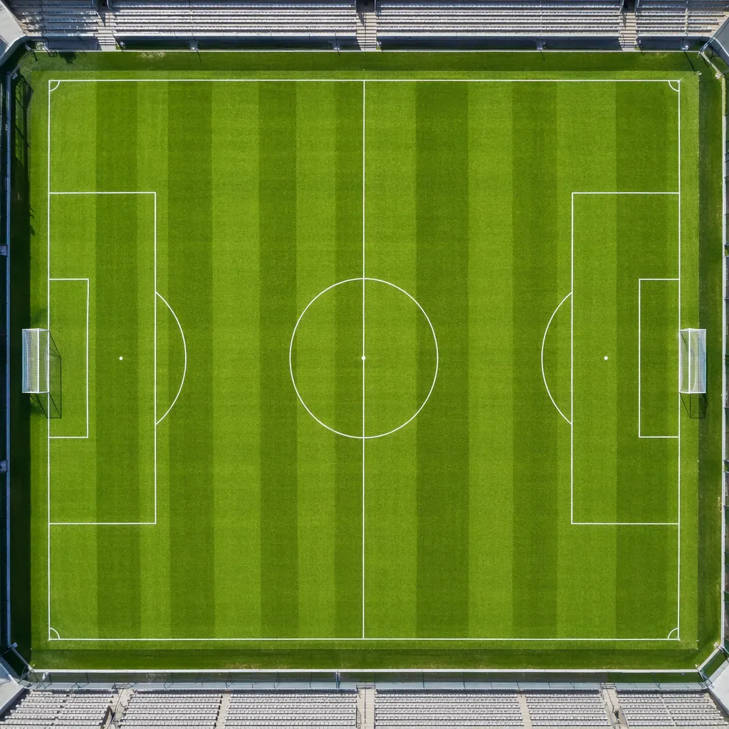 Overhead shot of a professional football pitch with generic white tactical marki