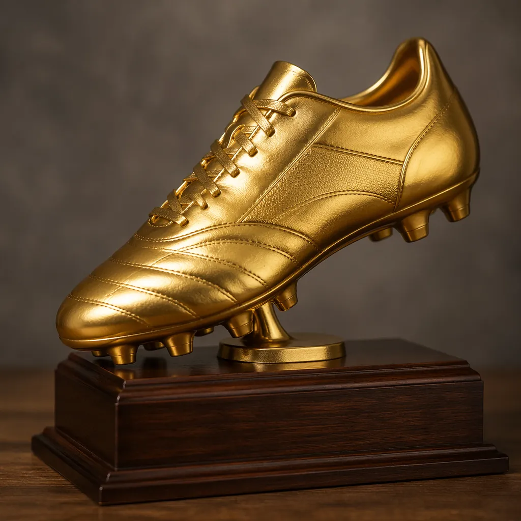 Close up of a generic golden soccer boot trophy on a dark wooden pedestal, soft 