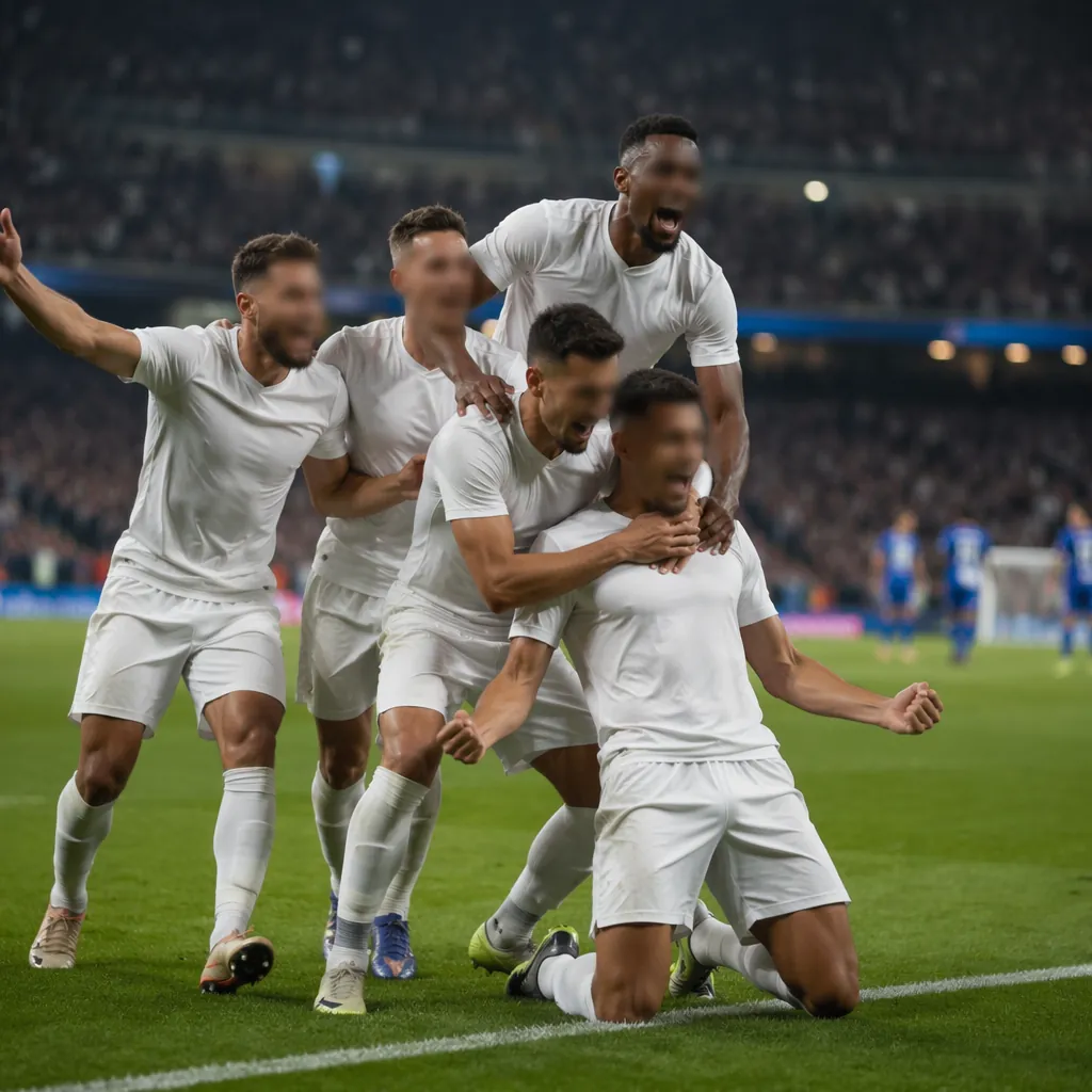 Wide shot of generic soccer players wearing plain white jerseys celebrating a go