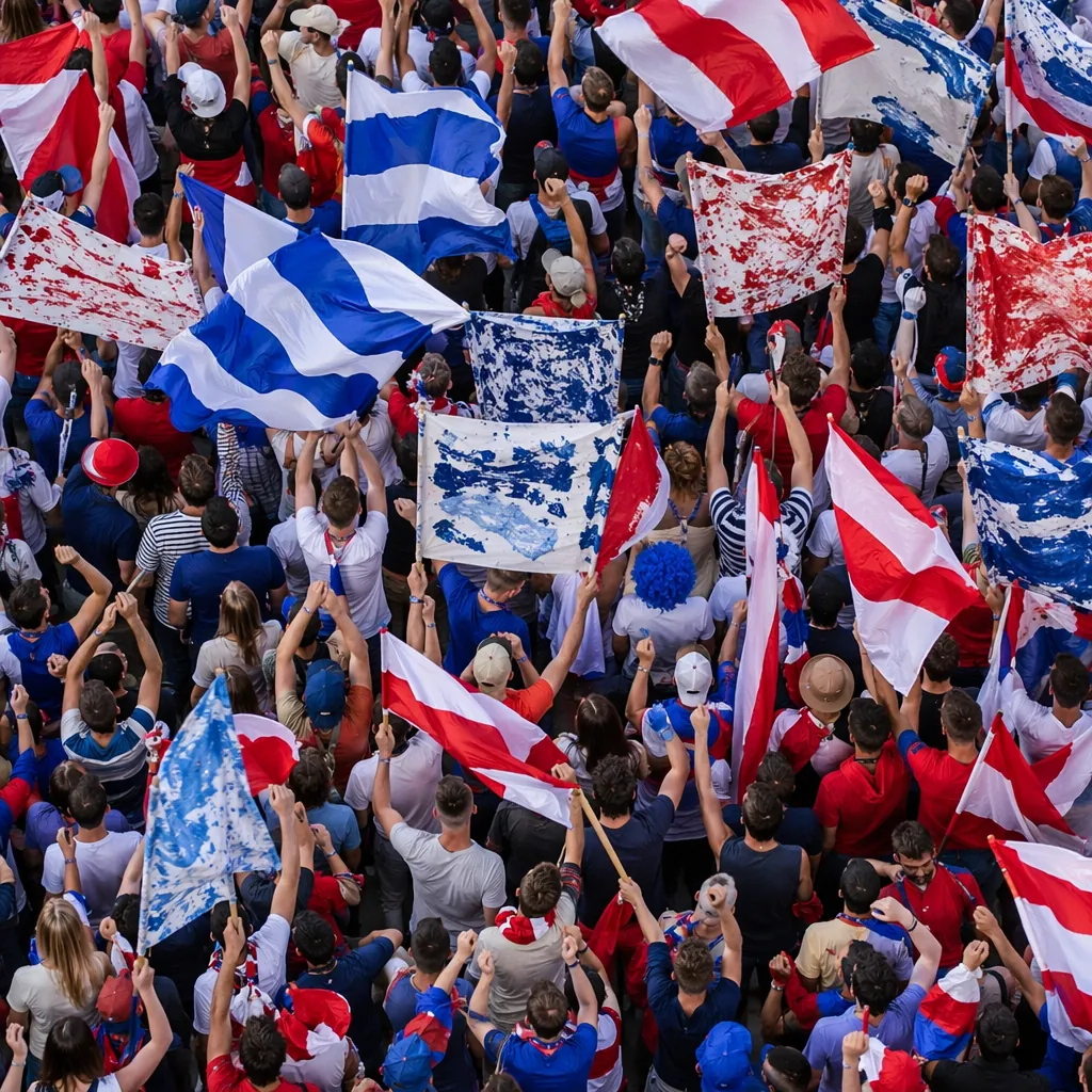 High angle shot of a crowd of football fans celebrating, holding generic blue-wh